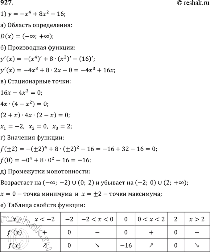 Изображение 927 1) у = -х4 + 8х2- 16;	2) у =	х4 - 2х2 + 2;3) у = 1 х4/4 - х6;	4) у =	6x4 -...