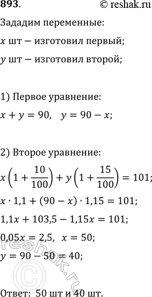 Изображение 893. В первый день двое рабочих изготовили 90 деталей. Во второй день первый рабочий изготовил деталей на 10 % больше, а второй — на 15 % больше, чем в первый день....