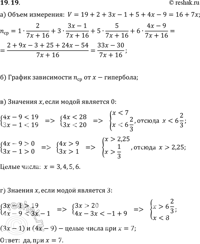 Изображение 19.19. Таблица распределения кратностей имеет вид:Варианта	0	1	3	5	бКратность	19	2	Зх- 1	5	4х-9а) Выразите через х среднее значение.б) Как выглядит график...
