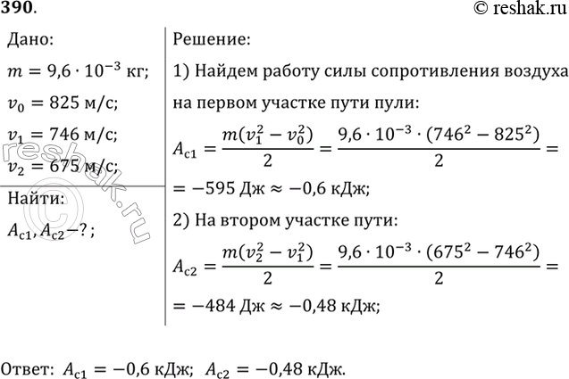 Изображение Пуля массой 9,6 г вылетает из ствола пулемета со скоростью 825 м/с. Через 100 м скорость пули уменьшается до 746 м/с, а через 200 м — до 675 м/с. Найти работу силы...