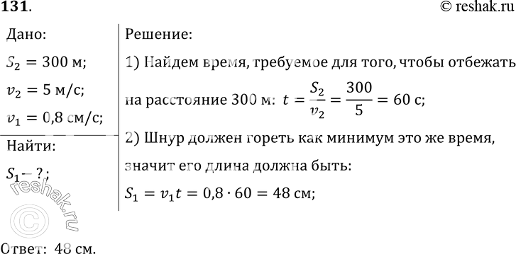 Изображение 131.	В подрывной технике употребляют сгорающий с небольшой скоростью бикфордов шнур. Какой длины надо взять шнур, чтобы успеть отбежать на расстояние 300 м, после того...