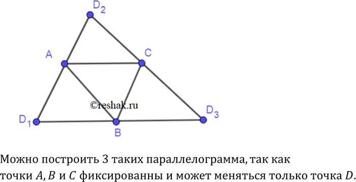 Изображение Даны три точки А, B и С, не лежащие на одной прямой. Постройте параллелограмм так, чтобы три его вершины совпадали с данными точками. Сколько таких параллелограммов...