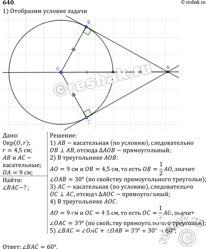 Изображение Даны окружность с центром О радиуса 4,5 см и точка А. Через точку А проведены две касательные к окружности. Найдите угол между ними, если ОА = 9...
