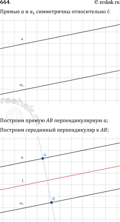 Изображение 664. Проведите параллельные прямые a и a1. Постройте прямую, относительно которой прямая a1, будет симметрична прямой...