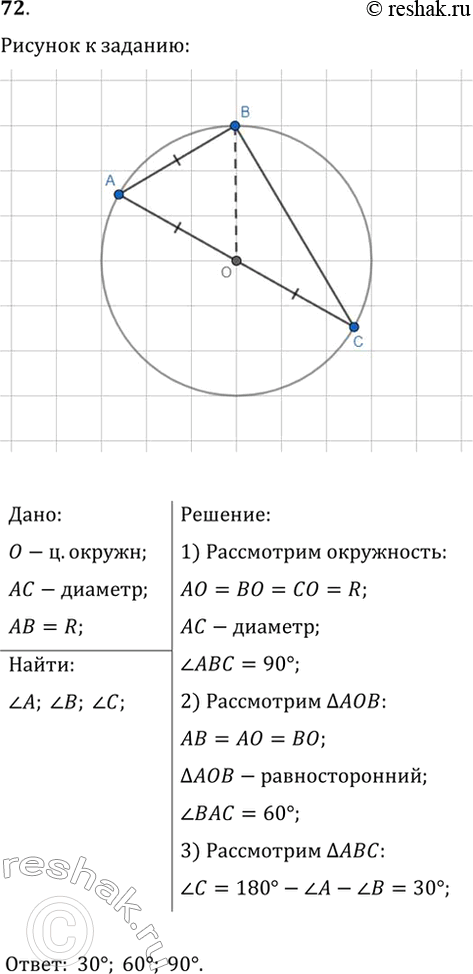 Изображение 72. В окружности проведены диаметр AC и хорда АВ, равная радиусу окружности. Найдите углы треугольника...