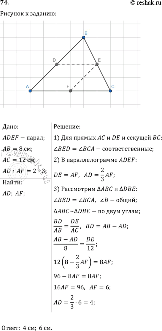Изображение 74. В треугольник АВС вписан параллелограмм ADEF так, что угол А у них общий, а точки D, E и F принадлежат соответственно сторонам АВ, ВС и АС треугольника. Найдите...