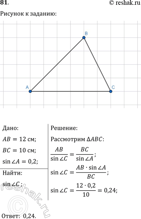 Изображение 81. В треугольнике АВС известно, что АВ=12 см, ВС=10 см, sin(A)=0,2. Найдите синус угла С...