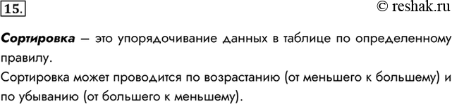Изображение 15. Что называют сортировкой? Для чего она используется?Сортировка – это упорядочивание данных в таблице по определенному правилу.Сортировка может проводится по...