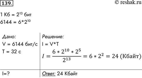 Изображение 139. Скорость передачи данных через некоторое соединение равна 6144 кбит/с. Передача файла через данное соединение заняла 32 с. Определите размер этого файла в...