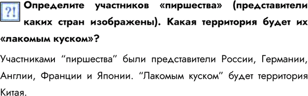 Изображение Определите участников «пиршества» (представители каких стран изображены). Какая территория будет их «лакомым куском»?Участниками “пиршества” были представители России,...