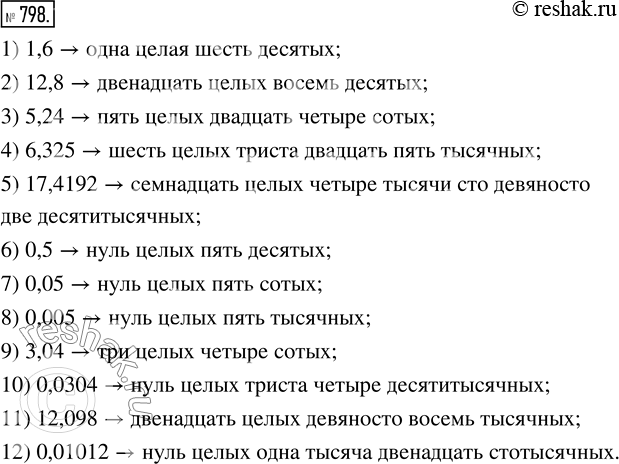 Изображение 798. Прочитайте десятичную дробь:1) 1,6;     4) 6,325;      7) 0,05;      10) 0,0304; 2) 12,8;    5) 17,4192;    8) 0,005;     11) 12,098; 3) 5,24;    6) 0,5;     ...