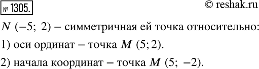 Изображение 1305. Найдите координаты точки М, симметричной точке N (-5; 2) относительно: 1) оси ординат; 2) начала...