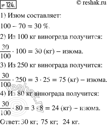 Изображение 124. Виноград при сушке теряет 70 % своей массы. Сколько изюма (сушёного винограда) получится из 100 кг; 250 кг; 80 кг свежего...