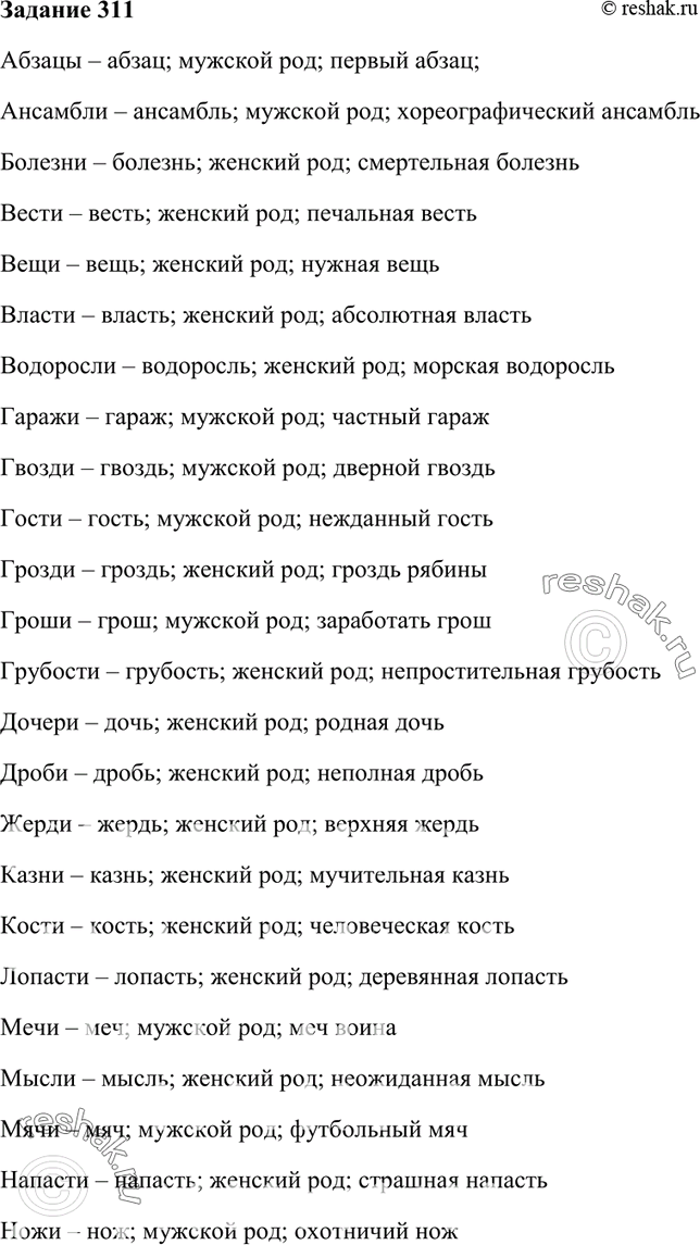 Изображение 311. Рядом с данными формами имён существительных запишите их начальную форму. Укажите их род. Составьте с ними словосочетания.Абзацы, ансамбли, болезни, вести, вещи,...