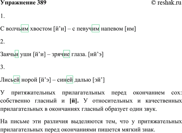 Изображение 389. Прочитайте вслух словосочетания попарно. Какую разницу в произношении окончаний прилагательных в каждой паре вы услышали? Как различия в произношении обозначаются...