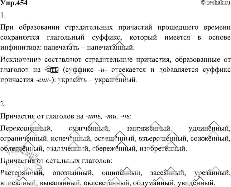 Изображение 454 1.	Вспомните, при каких условиях в страдательных причастиях прошедшего времени пишется суффикс -енн-, а при каких — -нн-. Чтобы привести примеры, обратитесь к упр....